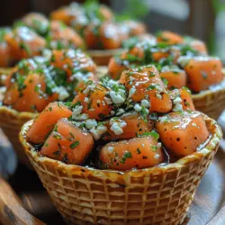 The Basil Watermelon Feta Cones are perfect for any summer gathering, embodying the season’s spirit with their vibrant colors and refreshing taste. Watermelon is synonymous with summer, evoking memories of hot days spent enjoying the outdoors. It’s hydrating, sweet, and packed with nutrients, making it a go-to fruit for warm weather. Pairing this juicy fruit with feta cheese adds a creamy, salty contrast, while fresh basil introduces an aromatic element that lifts the entire dish.