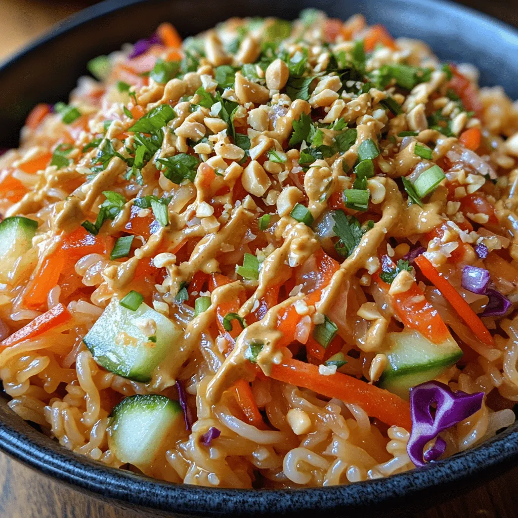 The Crunchy Thai Peanut Noodle Salad is a vibrant and refreshing dish that embodies the delightful flavors of Thai cuisine while offering a nutritious profile filled with fresh vegetables and rice noodles. This salad is an ideal choice for various occasions—whether you're looking for a light lunch, a flavorful side dish for dinner, or a portable option for a picnic, it checks all the boxes. Its unique combination of textures and tastes not only excites the palate but also provides a nourishing meal that is easy to prepare.