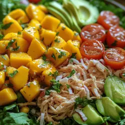 Tropical Delight: Fresh Mango Coconut Chicken Salad is a vibrant and refreshing dish that brings a taste of the tropics right to your dining table. It harmoniously combines succulent pieces of chicken with the sweet, juicy notes of fresh mango and the creamy richness of coconut. This salad is not only a feast for the eyes but also a celebration of flavors that transports you to sunny shores, making it a perfect choice for warm weather dining or a delightful addition to any gathering.