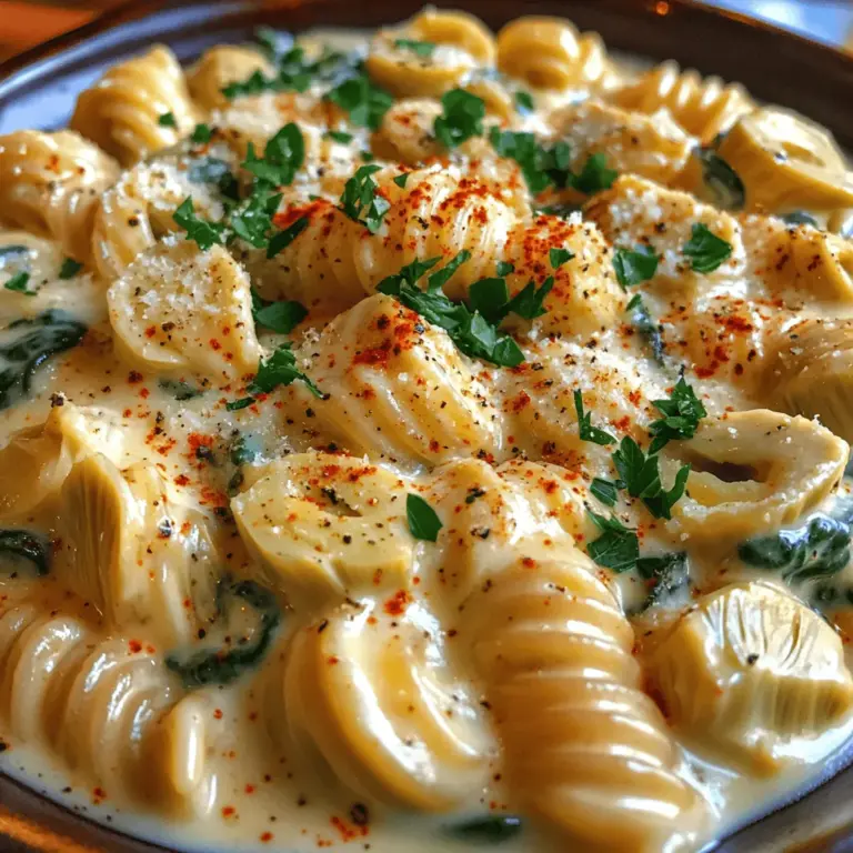 Creamy Spinach Artichoke Pasta is a delightful dish that perfectly marries the rich, velvety texture of a cream-based sauce with the vibrant flavors of fresh spinach and tangy artichokes. This pasta dish has gained popularity for its deliciousness and its ability to please a crowd. Whether you are preparing a cozy dinner for two or hosting a festive gathering, this recipe is versatile enough to suit any occasion. The combination of creamy goodness and hearty ingredients not only makes it satisfying but also elevates it to a comfort food classic.