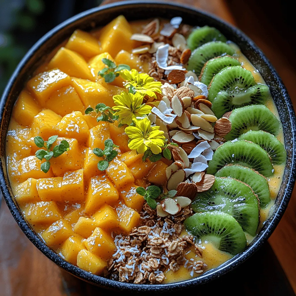 Once your Tropical Bliss Mango Kiwi Smoothie is blended to perfection, it’s time to prepare it for serving. Begin by selecting a beautiful bowl that reflects the vibrant colors of your ingredients. A wide, shallow bowl works best as it allows for an expansive surface area to showcase your toppings.
