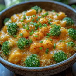 Creamy Broccoli Cheddar Quinoa is a dish that beautifully marries the rich, indulgent flavors of cheese with the wholesome goodness of quinoa and vibrant broccoli. This recipe offers a delightful symphony of textures: the chewiness of perfectly cooked quinoa, the tender-crisp bite of broccoli, and the creamy, dreamy consistency contributed by a blend of cheeses. It's a dish that not only satisfies the palate but also nourishes the body, making it a go-to choice for busy weeknights or when you're in need of some comforting food.