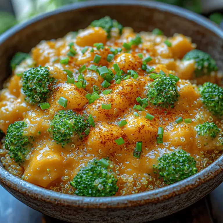 Creamy Broccoli Cheddar Quinoa is a dish that beautifully marries the rich, indulgent flavors of cheese with the wholesome goodness of quinoa and vibrant broccoli. This recipe offers a delightful symphony of textures: the chewiness of perfectly cooked quinoa, the tender-crisp bite of broccoli, and the creamy, dreamy consistency contributed by a blend of cheeses. It's a dish that not only satisfies the palate but also nourishes the body, making it a go-to choice for busy weeknights or when you're in need of some comforting food.